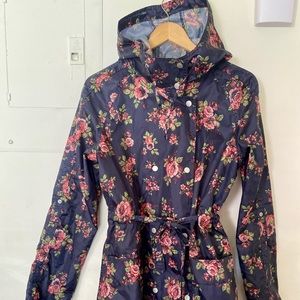 Navy blue and pink floral hooded raincoat jacket